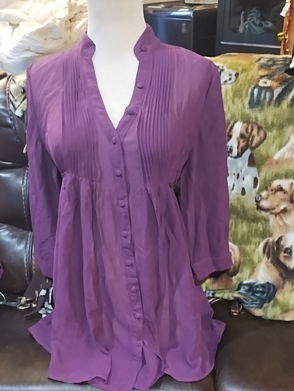 Ali & Kris  Plum Sheer Button-Front Pintuck Tunic